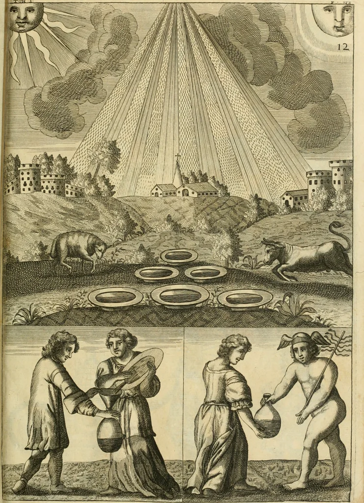 An illustration from Jo. Jacobi Mangeti, medicinae doctoris et sereniss. ac potentiss. regis Prussiae archiatri, Bibliotheca chemica curiosa, seu, Rerum ad alchemiam pertinetium thesaurus instructissimus : quo non tantùm artis auriferae, ac scriptorum in ea nobiliorum historia traditur : lapidis veritas argumentis & experimentis innumeris, immò & juris consultorum judiciis evincitur : termini obscuriores explicantur : cautiones contra impostores & difficultates in tinctura universali conficienda occurrentes, declarantur : verùm etiam tractatus omnes virorum celebriorum, qui in magno sudarunt elixyre, quíque ab ipso Hermete, ut dicitur, Trismegisto, ad nostra usque tempora de chrysopoea scripserunt, cum praecipuis suis commentariis, concinno ordine dispositi exhibentur. Ad quorum omnium illustrationem additae sunt quamplurimae figurae aeneae, 1702, leaf 982