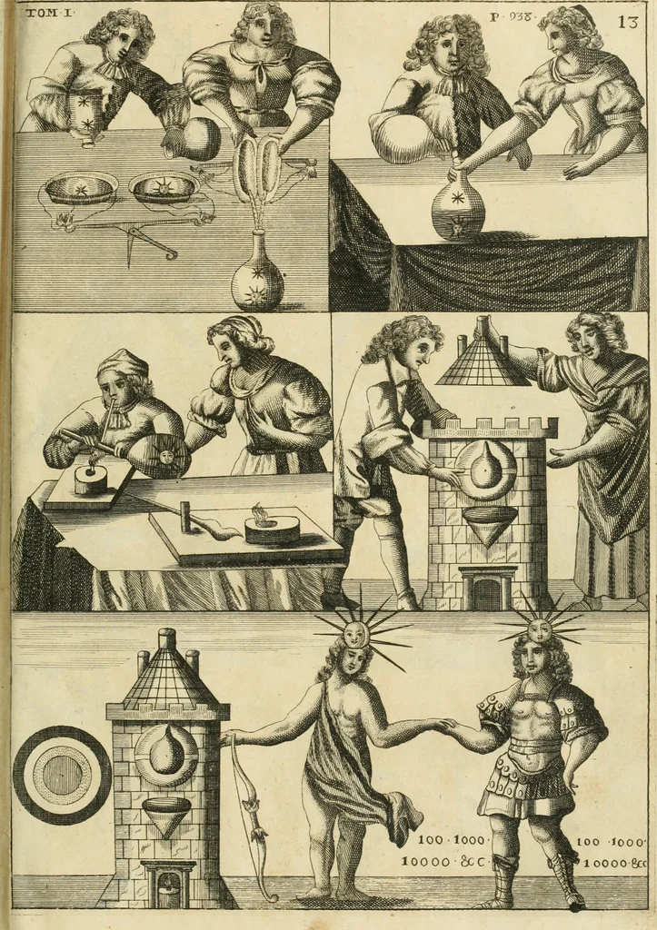 An illustration from Jo. Jacobi Mangeti, medicinae doctoris et sereniss. ac potentiss. regis Prussiae archiatri, Bibliotheca chemica curiosa, seu, Rerum ad alchemiam pertinetium thesaurus instructissimus : quo non tantùm artis auriferae, ac scriptorum in ea nobiliorum historia traditur : lapidis veritas argumentis & experimentis innumeris, immò & juris consultorum judiciis evincitur : termini obscuriores explicantur : cautiones contra impostores & difficultates in tinctura universali conficienda occurrentes, declarantur : verùm etiam tractatus omnes virorum celebriorum, qui in magno sudarunt elixyre, quíque ab ipso Hermete, ut dicitur, Trismegisto, ad nostra usque tempora de chrysopoea scripserunt, cum praecipuis suis commentariis, concinno ordine dispositi exhibentur. Ad quorum omnium illustrationem additae sunt quamplurimae figurae aeneae, 1702, leaf 984