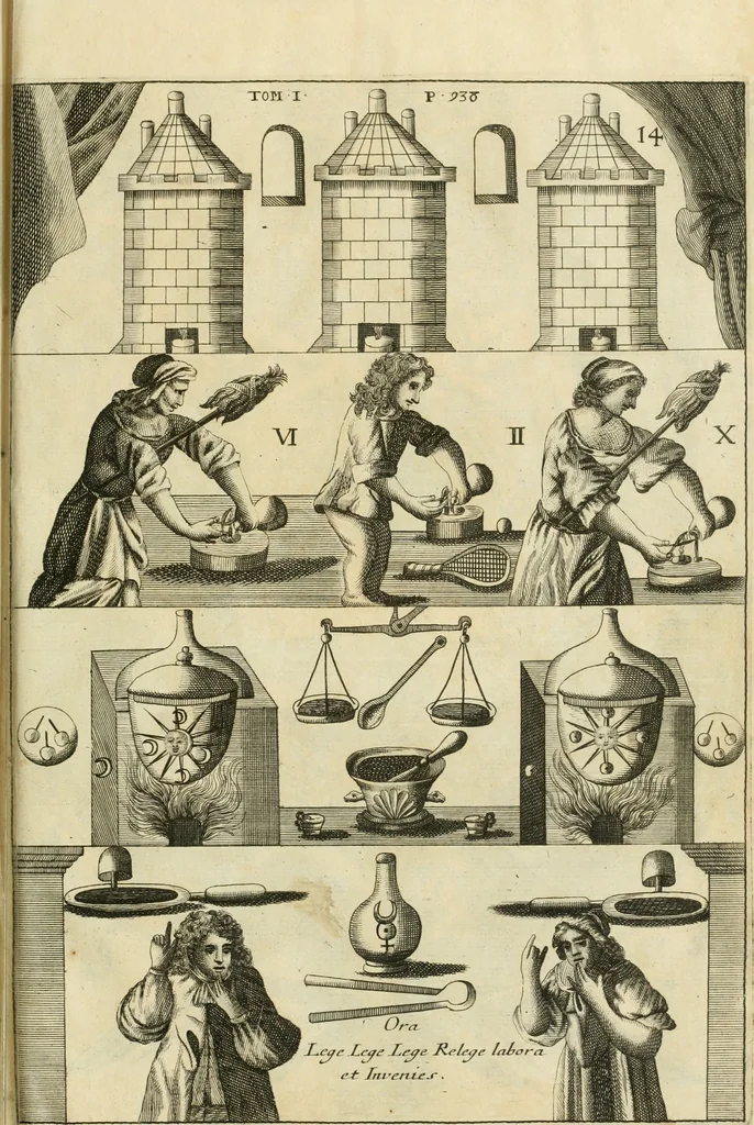 An illustration from Jo. Jacobi Mangeti, medicinae doctoris et sereniss. ac potentiss. regis Prussiae archiatri, Bibliotheca chemica curiosa, seu, Rerum ad alchemiam pertinetium thesaurus instructissimus : quo non tantùm artis auriferae, ac scriptorum in ea nobiliorum historia traditur : lapidis veritas argumentis & experimentis innumeris, immò & juris consultorum judiciis evincitur : termini obscuriores explicantur : cautiones contra impostores & difficultates in tinctura universali conficienda occurrentes, declarantur : verùm etiam tractatus omnes virorum celebriorum, qui in magno sudarunt elixyre, quíque ab ipso Hermete, ut dicitur, Trismegisto, ad nostra usque tempora de chrysopoea scripserunt, cum praecipuis suis commentariis, concinno ordine dispositi exhibentur. Ad quorum omnium illustrationem additae sunt quamplurimae figurae aeneae, 1702, leaf 986