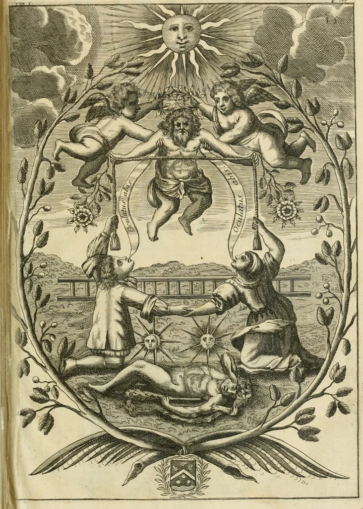 An illustration from Jo. Jacobi Mangeti, medicinae doctoris et sereniss. ac potentiss. regis Prussiae archiatri, Bibliotheca chemica curiosa, seu, Rerum ad alchemiam pertinetium thesaurus instructissimus : quo non tantùm artis auriferae, ac scriptorum in ea nobiliorum historia traditur : lapidis veritas argumentis & experimentis innumeris, immò & juris consultorum judiciis evincitur : termini obscuriores explicantur : cautiones contra impostores & difficultates in tinctura universali conficienda occurrentes, declarantur : verùm etiam tractatus omnes virorum celebriorum, qui in magno sudarunt elixyre, quíque ab ipso Hermete, ut dicitur, Trismegisto, ad nostra usque tempora de chrysopoea scripserunt, cum praecipuis suis commentariis, concinno ordine dispositi exhibentur. Ad quorum omnium illustrationem additae sunt quamplurimae figurae aeneae, 1702, leaf 988