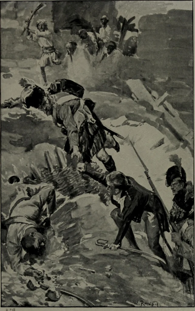 An illustration from Jones of the 64th : a tale of the battles of Assaye and Laswaree, 1908, leaf 216