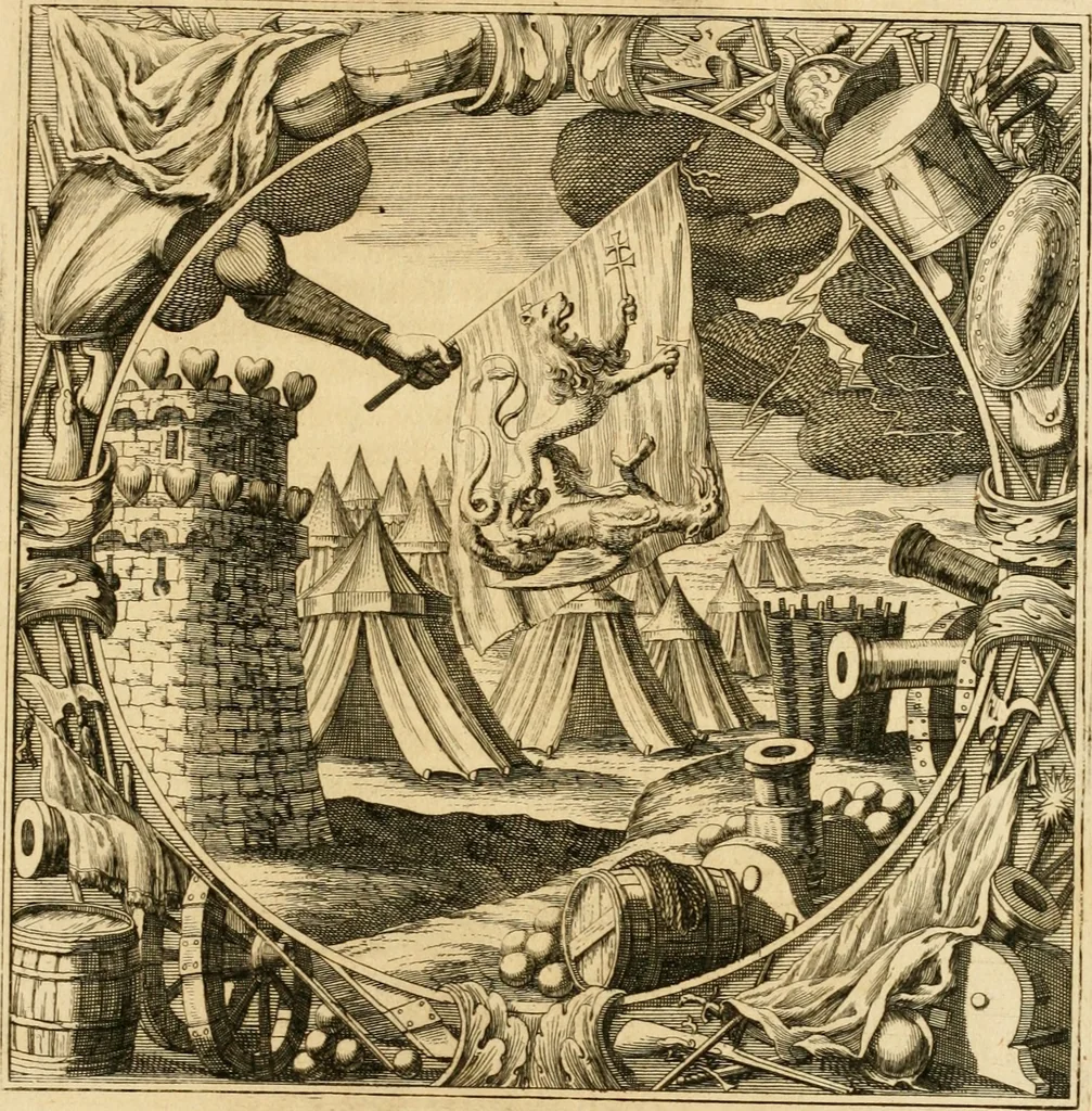 An illustration from Josephi felicissimi quondam, et gloriossisimi in Aegypto proregis polymita : variis liciorum coloribus distincta diversisque picturarum figuris illustrata : hoc est, virtutum regiarum in pluribus olim clarissimisque principibus laudatarum symmetria in unum, absolutumque ornatum animi coronis nati concinnata, et Josepho primo Leopoldi I. caesaris filio in Romanorum regem felicibus auspiciis nuper inaugurato : ab Archiducali, Caesareo, et Academico Societ. Jesu collegio Graecii in obsequiosae gratulationis argumentum demississimè oblata, 1690, leaf 108