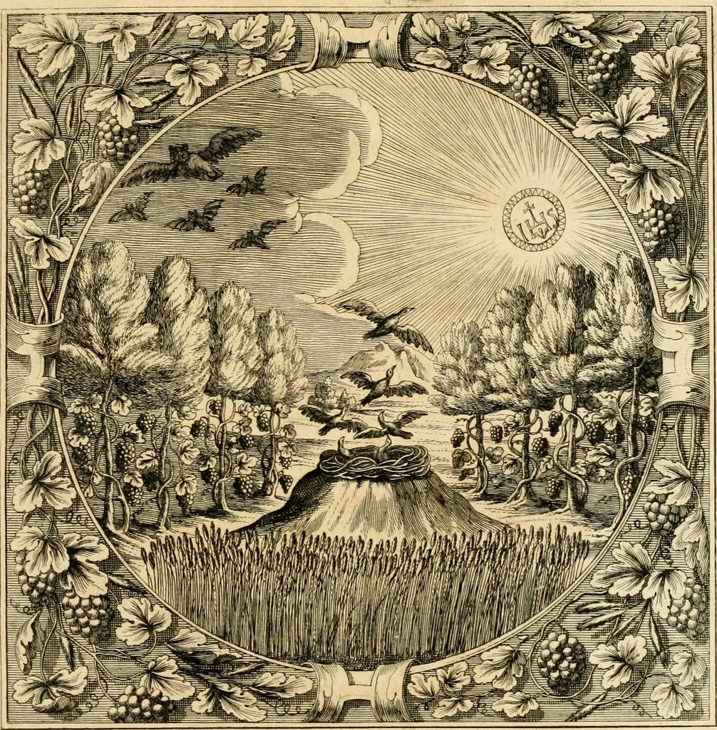 An illustration from Josephi felicissimi quondam, et gloriossisimi in Aegypto proregis polymita : variis liciorum coloribus distincta diversisque picturarum figuris illustrata : hoc est, virtutum regiarum in pluribus olim clarissimisque principibus laudatarum symmetria in unum, absolutumque ornatum animi coronis nati concinnata, et Josepho primo Leopoldi I. caesaris filio in Romanorum regem felicibus auspiciis nuper inaugurato : ab Archiducali, Caesareo, et Academico Societ. Jesu collegio Graecii in obsequiosae gratulationis argumentum demississimè oblata, 1690, leaf 154