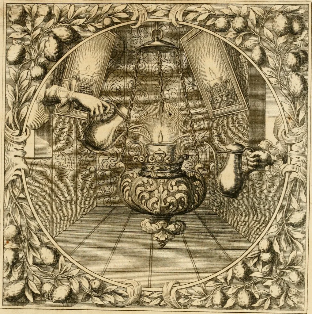 An illustration from Josephi felicissimi quondam, et gloriossisimi in Aegypto proregis polymita : variis liciorum coloribus distincta diversisque picturarum figuris illustrata : hoc est, virtutum regiarum in pluribus olim clarissimisque principibus laudatarum symmetria in unum, absolutumque ornatum animi coronis nati concinnata, et Josepho primo Leopoldi I. caesaris filio in Romanorum regem felicibus auspiciis nuper inaugurato : ab Archiducali, Caesareo, et Academico Societ. Jesu collegio Graecii in obsequiosae gratulationis argumentum demississimè oblata, 1690, leaf 48