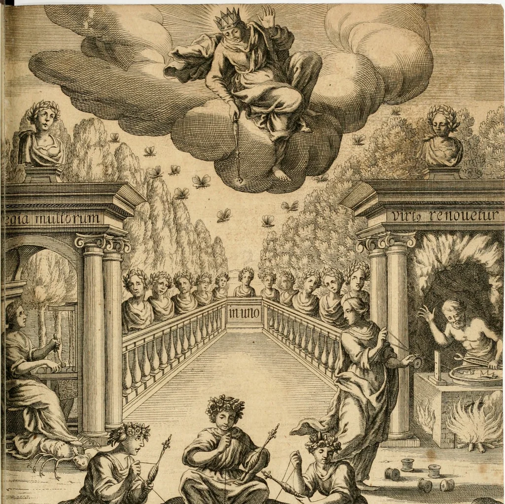 An illustration from Josephi felicissimi quondam, et gloriossisimi in Aegypto proregis polymita : variis liciorum coloribus distincta diversisque picturarum figuris illustrata : hoc est, virtutum regiarum in pluribus olim clarissimisque principibus laudatarum symmetria in unum, absolutumque ornatum animi coronis nati concinnata, et Josepho primo Leopoldi I. caesaris filio in Romanorum regem felicibus auspiciis nuper inaugurato : ab Archiducali, Caesareo, et Academico Societ. Jesu collegio Graecii in obsequiosae gratulationis argumentum demississimè oblata, 1690, leaf 6