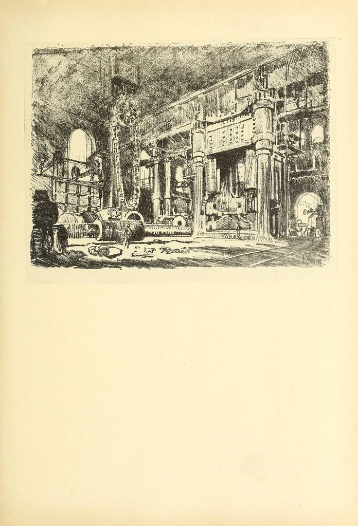 An illustration from Joseph Pennell's pictures of war work in England, reproductions of a series of drawings and lithographs of the munition works made by him with the permission and authority of the British government, 1917, leaf 135