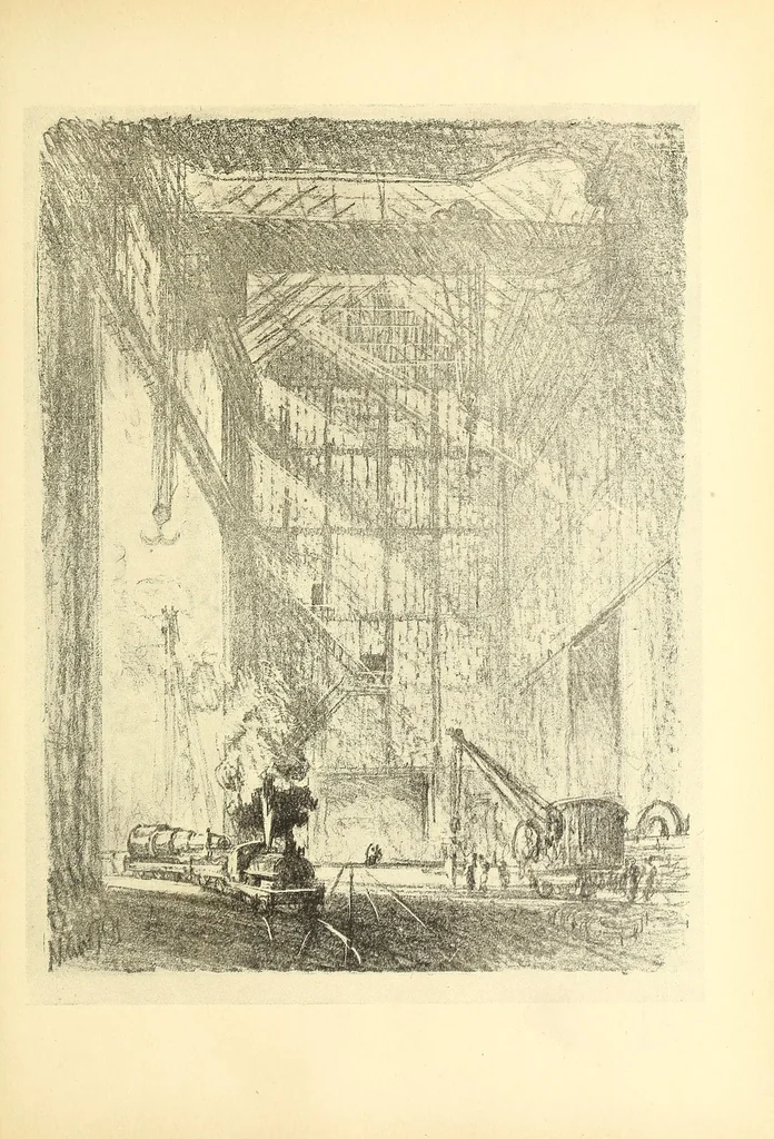 An illustration from Joseph Pennell's pictures of war work in England, reproductions of a series of drawings and lithographs of the munition works made by him with the permission and authority of the British government, 1917, leaf 159