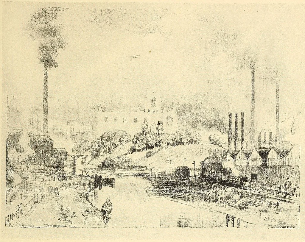 An illustration from Joseph Pennell's pictures of war work in England, reproductions of a series of drawings and lithographs of the munition works made by him with the permission and authority of the British government, 1917, leaf 203