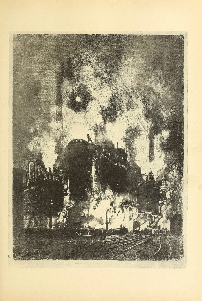 An illustration from Joseph Pennell's pictures of war work in England, reproductions of a series of drawings and lithographs of the munition works made by him with the permission and authority of the British government, 1917, leaf 39