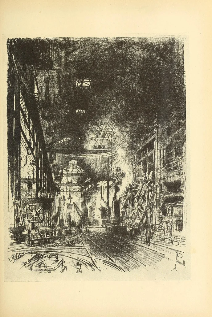 An illustration from Joseph Pennell's pictures of war work in England, reproductions of a series of drawings and lithographs of the munition works made by him with the permission and authority of the British government, 1917, leaf 51
