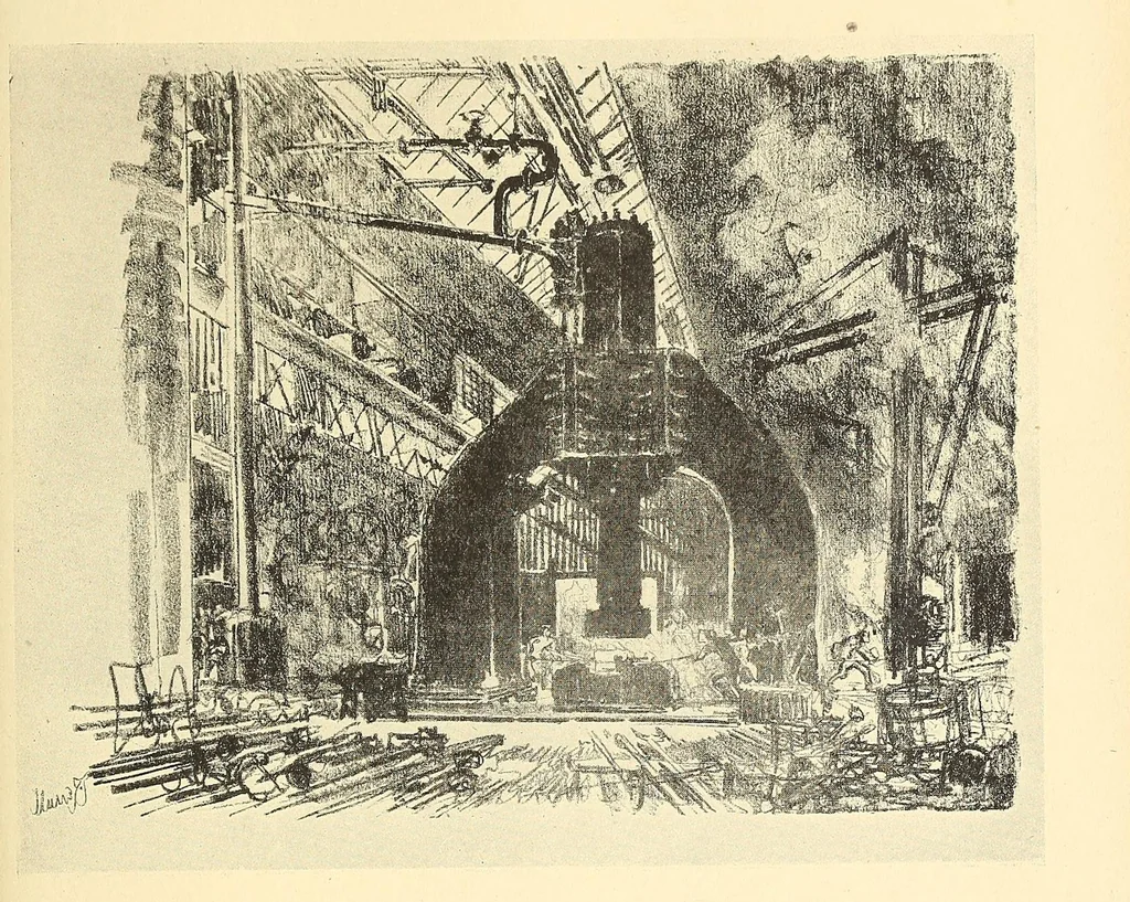 An illustration from Joseph Pennell's pictures of war work in England, reproductions of a series of drawings and lithographs of the munition works made by him with the permission and authority of the British government, 1917, leaf 63