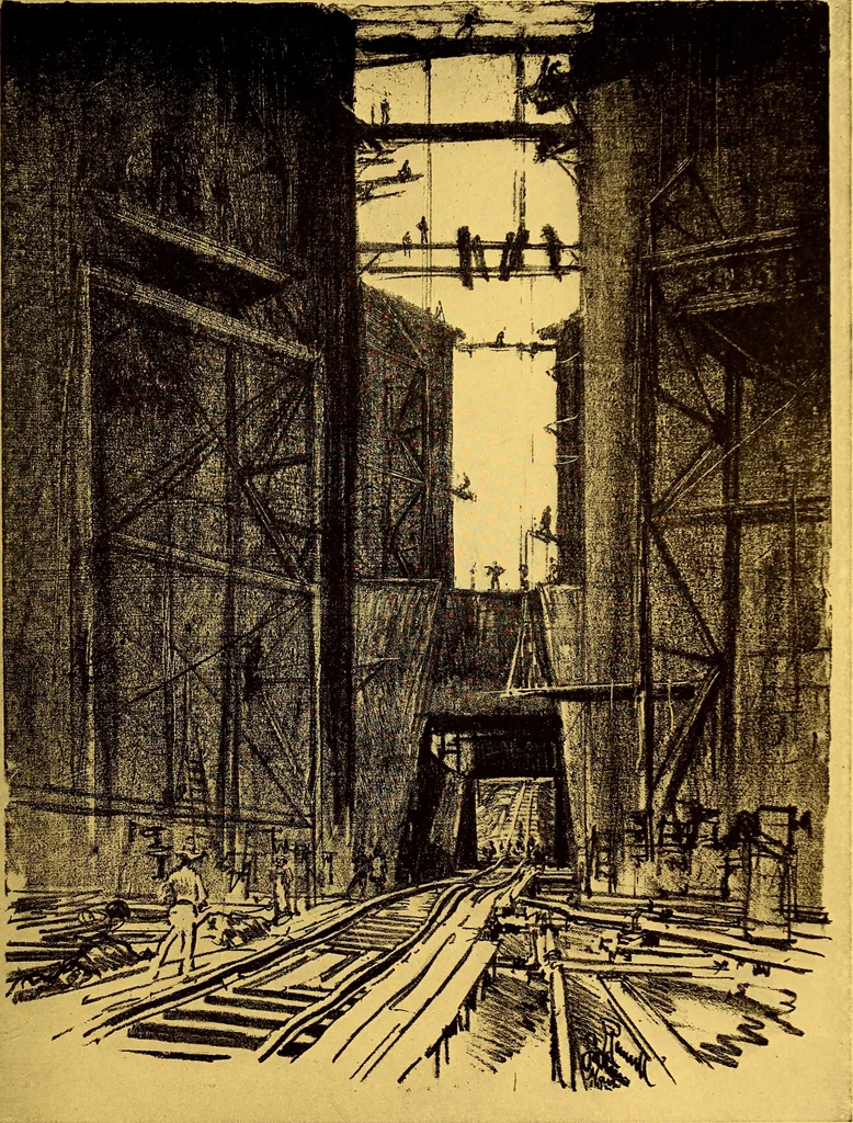 An illustration from Joseph Pennell's pictures of the Panama canal: reproductions of a series of lithographs made by him on the isthmus of Panama, January-March, 1912, 1912, leaf 34