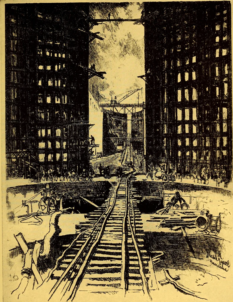 An illustration from Joseph Pennell's pictures of the Panama canal: reproductions of a series of lithographs made by him on the isthmus of Panama, January-March, 1912, 1912, leaf 94