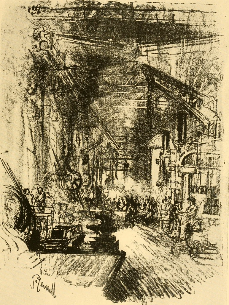 An illustration from Joseph Pennell's pictures of war work in America : reproductions of a series of lithographs of munition works made by him with the permission and authority of the United States government, with notes and an introduction by the artist, 1918, leaf 102
