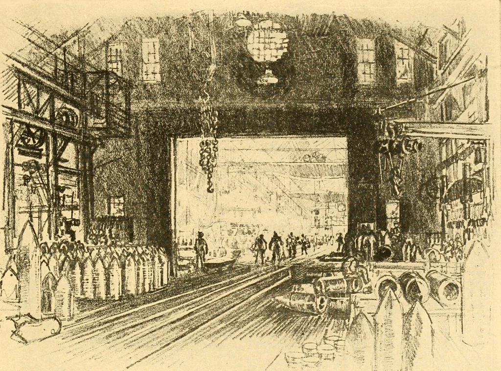 An illustration from Joseph Pennell's pictures of war work in America : reproductions of a series of lithographs of munition works made by him with the permission and authority of the United States government, with notes and an introduction by the artist, 1918, leaf 118