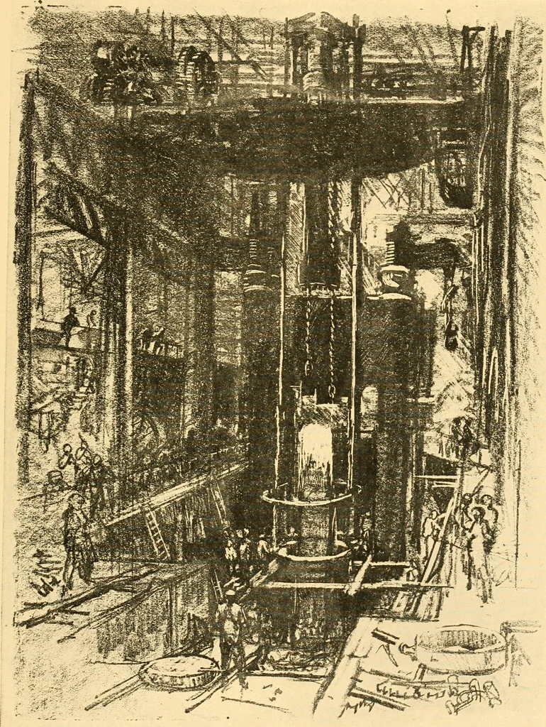 An illustration from Joseph Pennell's pictures of war work in America : reproductions of a series of lithographs of munition works made by him with the permission and authority of the United States government, with notes and an introduction by the artist, 1918, leaf 122