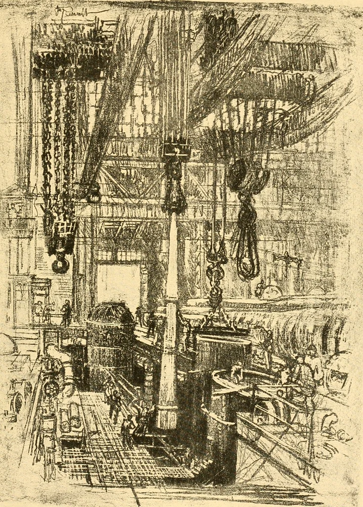 An illustration from Joseph Pennell's pictures of war work in America : reproductions of a series of lithographs of munition works made by him with the permission and authority of the United States government, with notes and an introduction by the artist, 1918, leaf 130