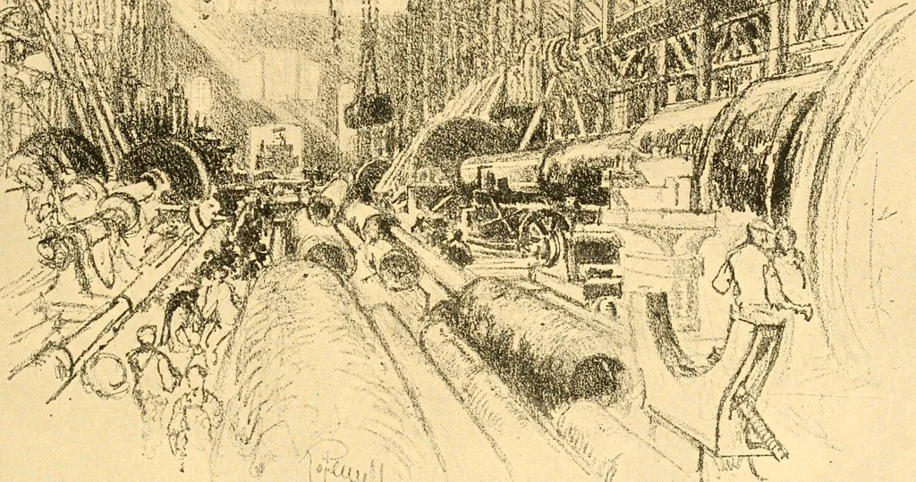 An illustration from Joseph Pennell's pictures of war work in America : reproductions of a series of lithographs of munition works made by him with the permission and authority of the United States government, with notes and an introduction by the artist, 1918, leaf 138