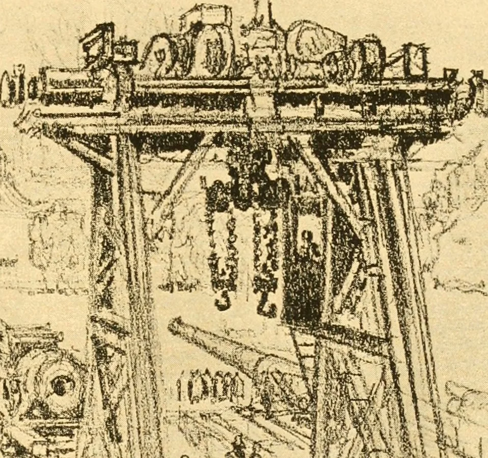An illustration from Joseph Pennell's pictures of war work in America : reproductions of a series of lithographs of munition works made by him with the permission and authority of the United States government, with notes and an introduction by the artist, 1918, leaf 142