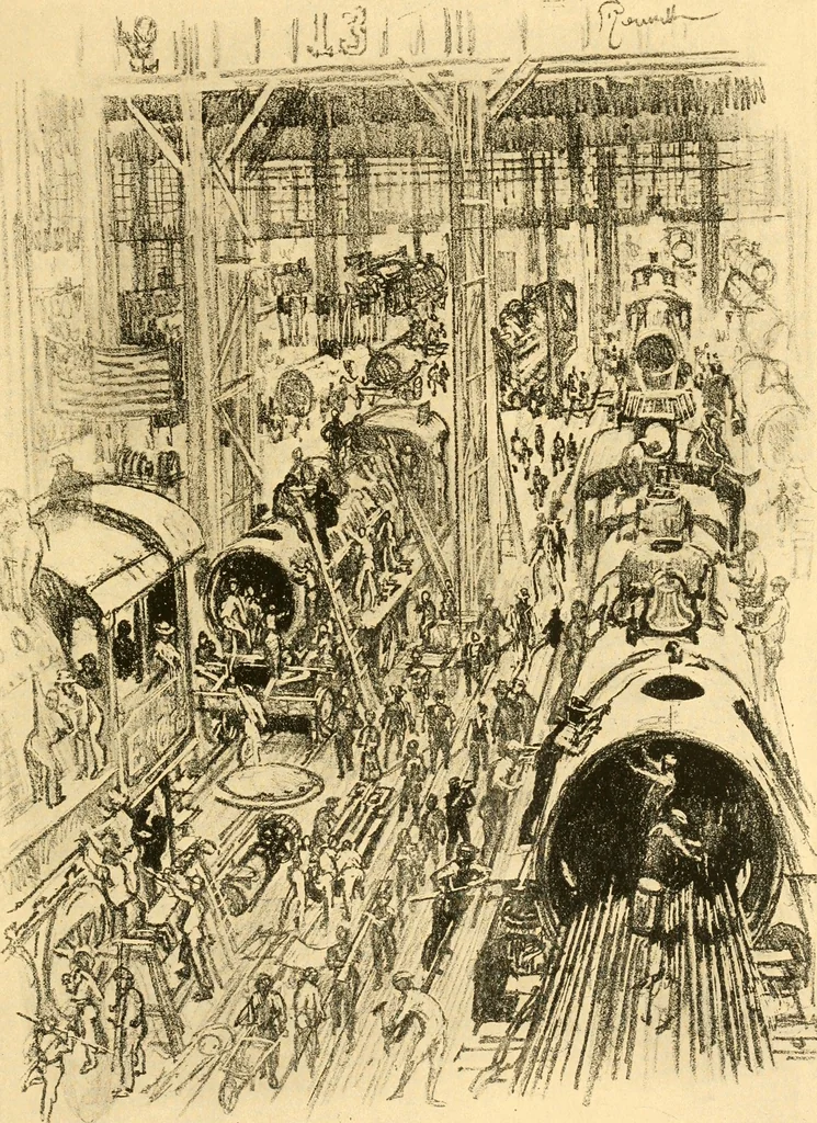An illustration from Joseph Pennell's pictures of war work in America : reproductions of a series of lithographs of munition works made by him with the permission and authority of the United States government, with notes and an introduction by the artist, 1918, leaf 150