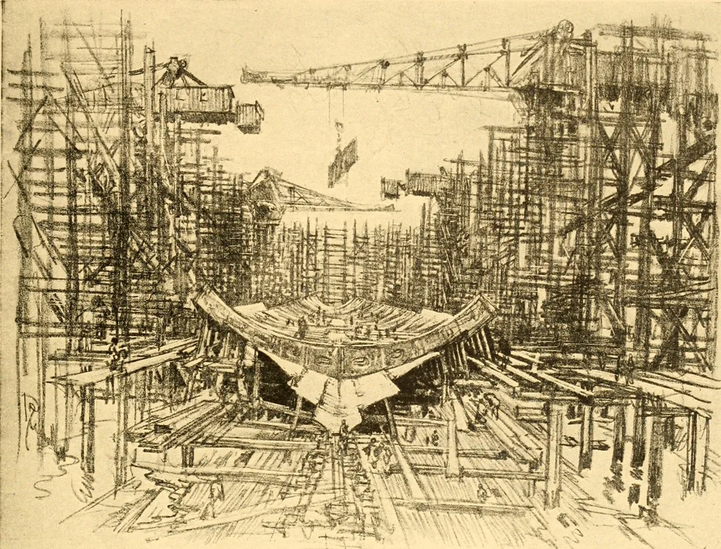 An illustration from Joseph Pennell's pictures of war work in America : reproductions of a series of lithographs of munition works made by him with the permission and authority of the United States government, with notes and an introduction by the artist, 1918, leaf 18