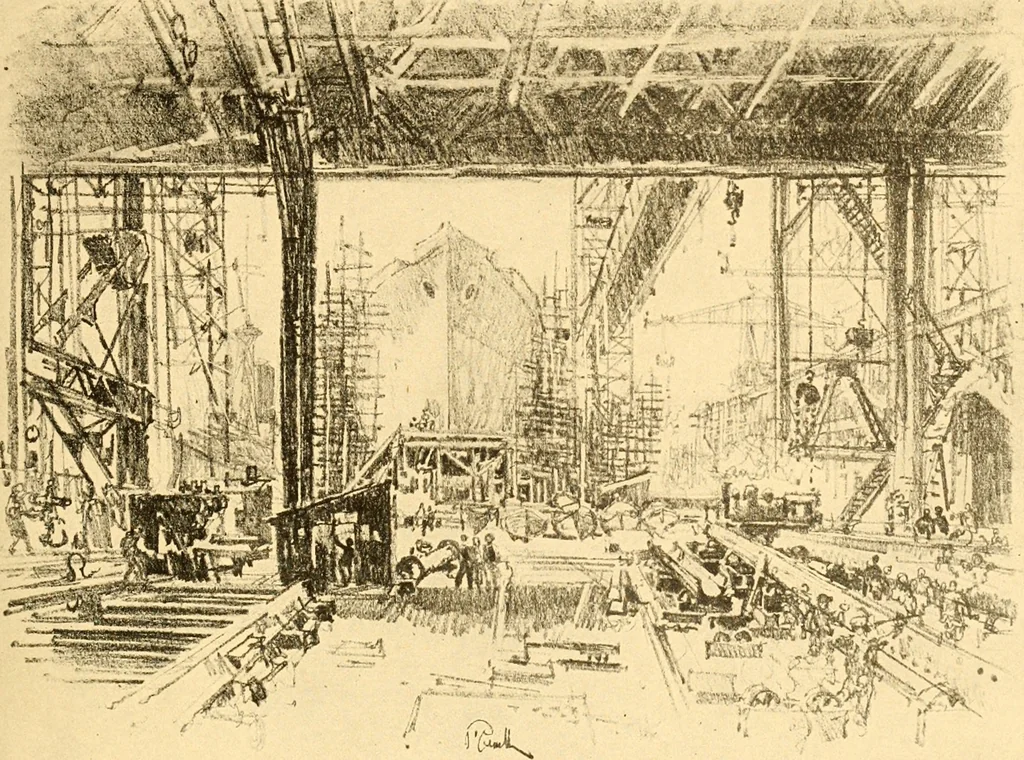 An illustration from Joseph Pennell's pictures of war work in America : reproductions of a series of lithographs of munition works made by him with the permission and authority of the United States government, with notes and an introduction by the artist, 1918, leaf 22
