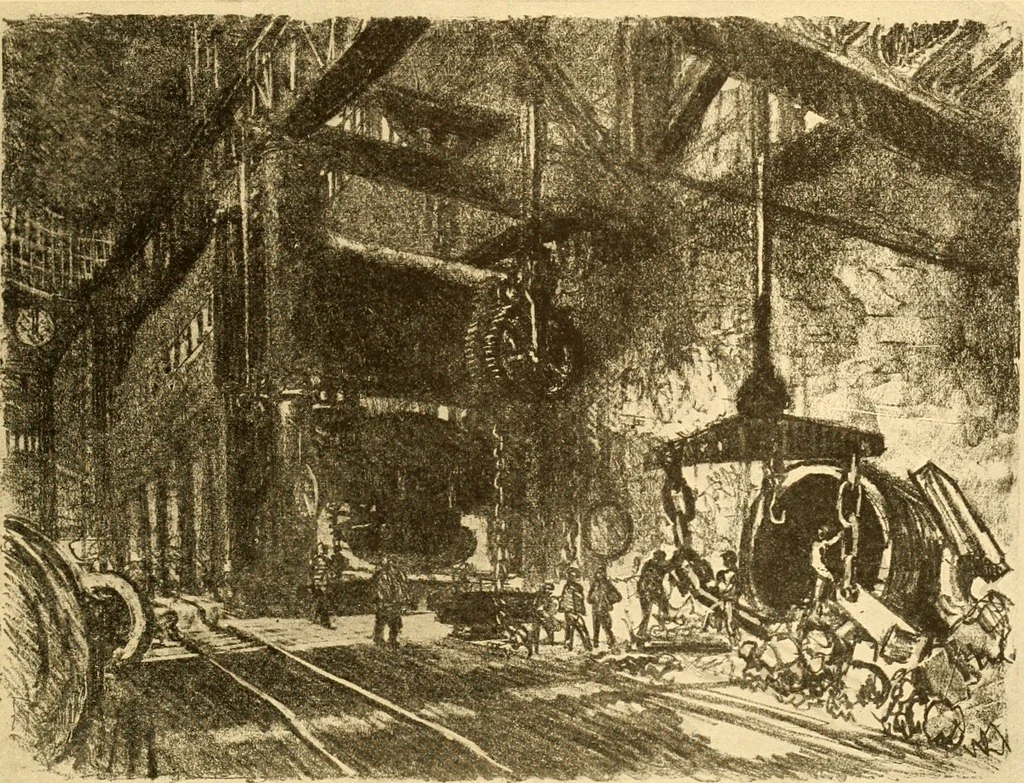 An illustration from Joseph Pennell's pictures of war work in America : reproductions of a series of lithographs of munition works made by him with the permission and authority of the United States government, with notes and an introduction by the artist, 1918, leaf 30
