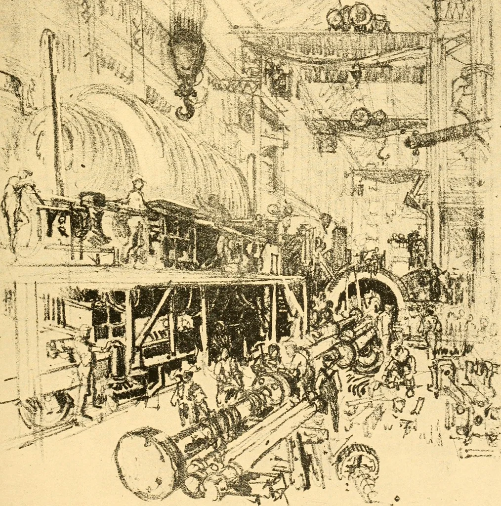 An illustration from Joseph Pennell's pictures of war work in America : reproductions of a series of lithographs of munition works made by him with the permission and authority of the United States government, with notes and an introduction by the artist, 1918, leaf 38