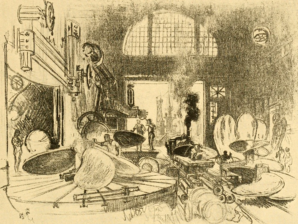 An illustration from Joseph Pennell's pictures of war work in America : reproductions of a series of lithographs of munition works made by him with the permission and authority of the United States government, with notes and an introduction by the artist, 1918, leaf 42