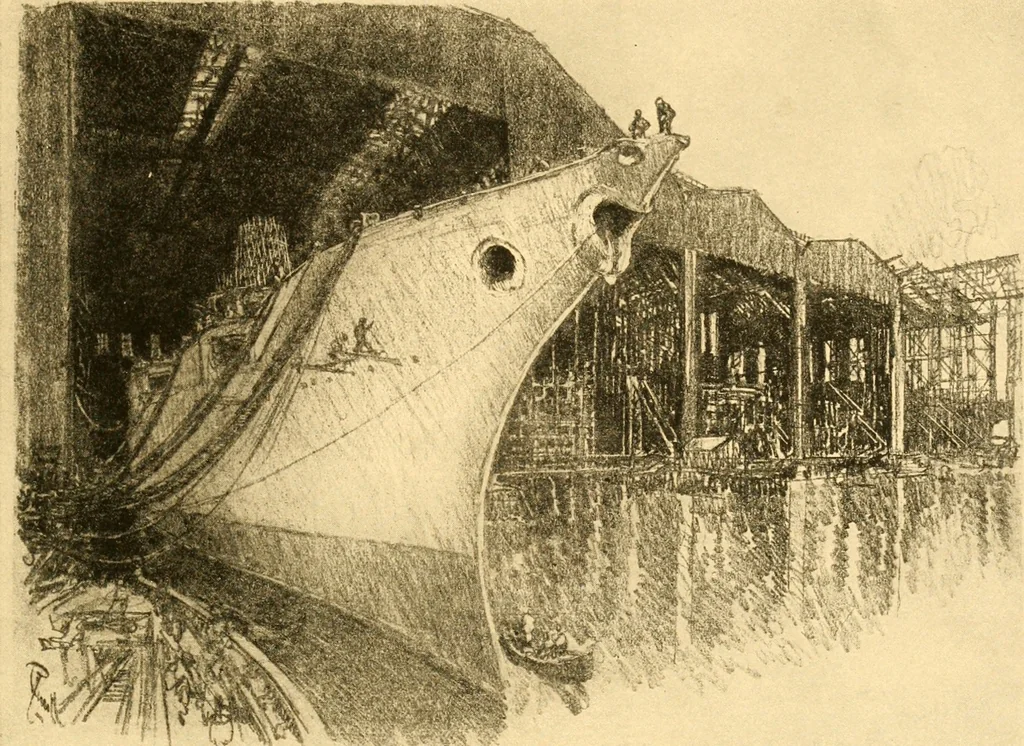 An illustration from Joseph Pennell's pictures of war work in America : reproductions of a series of lithographs of munition works made by him with the permission and authority of the United States government, with notes and an introduction by the artist, 1918, leaf 46