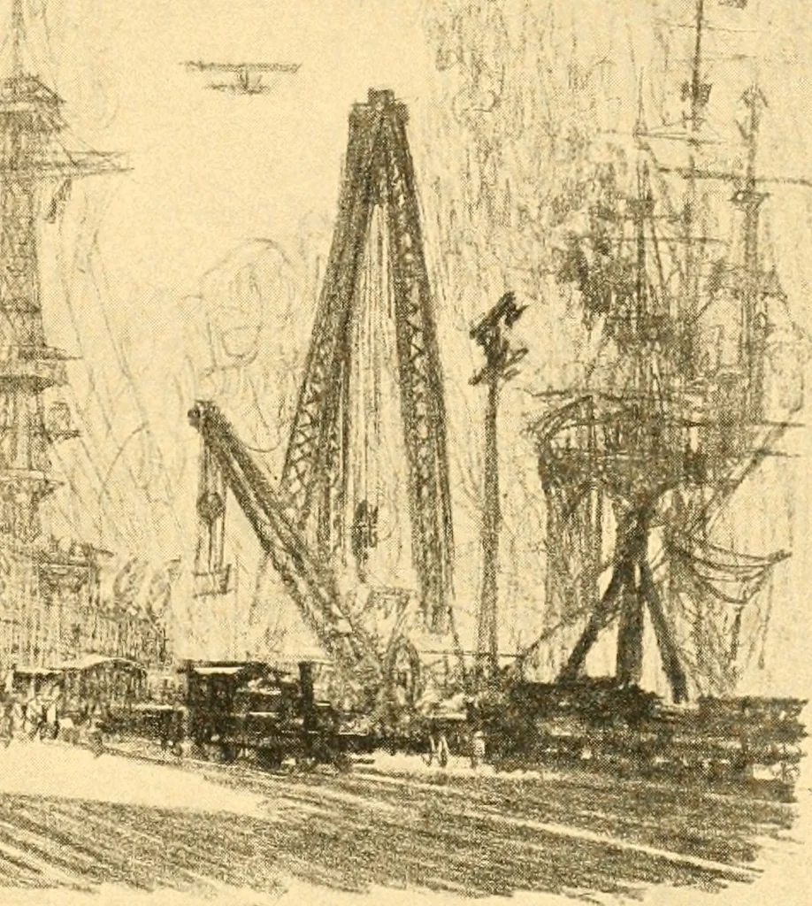 An illustration from Joseph Pennell's pictures of war work in America : reproductions of a series of lithographs of munition works made by him with the permission and authority of the United States government, with notes and an introduction by the artist, 1918, leaf 50