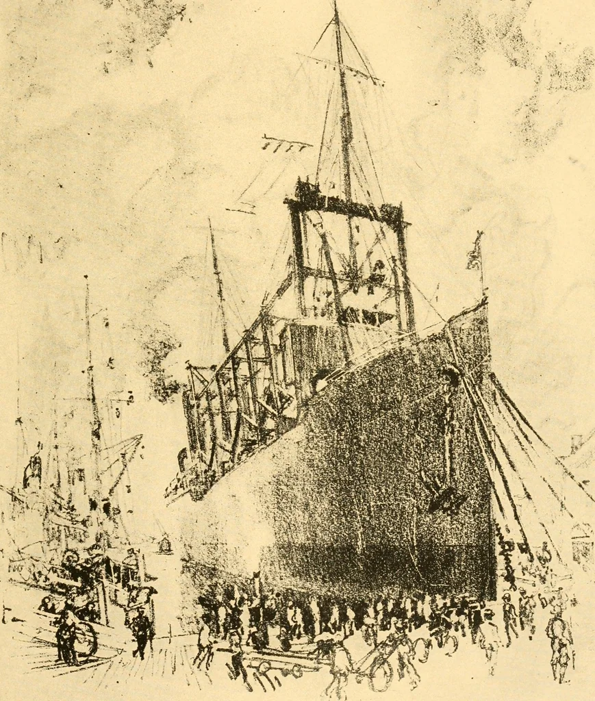 An illustration from Joseph Pennell's pictures of war work in America : reproductions of a series of lithographs of munition works made by him with the permission and authority of the United States government, with notes and an introduction by the artist, 1918, leaf 54