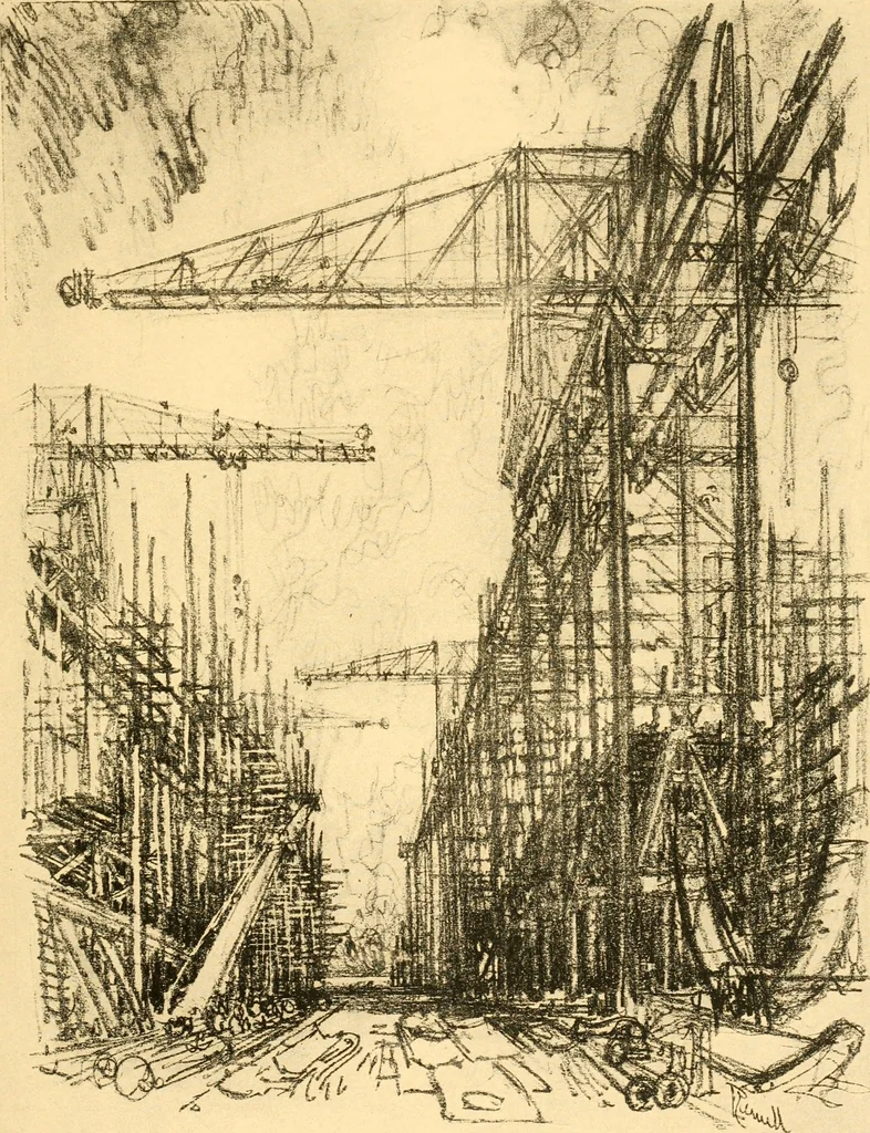 An illustration from Joseph Pennell's pictures of war work in America : reproductions of a series of lithographs of munition works made by him with the permission and authority of the United States government, with notes and an introduction by the artist, 1918, leaf 62