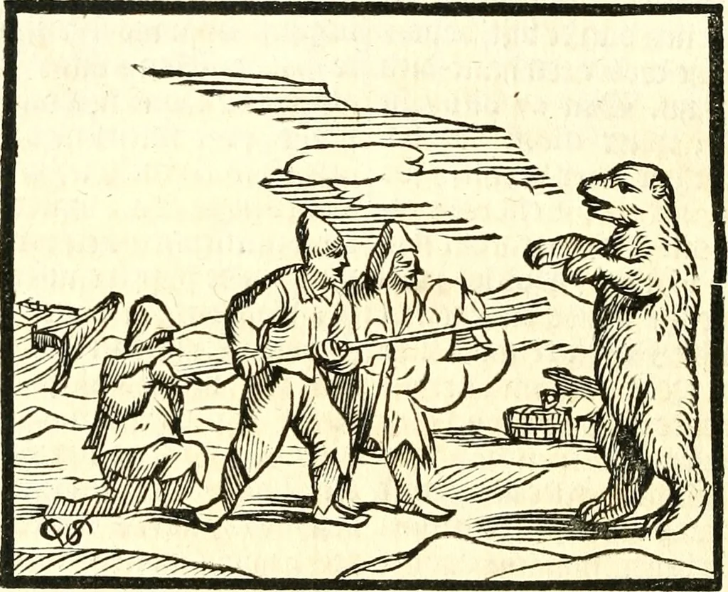 An illustration from Journael, of dagh-register, gehouden by de seven matroosen, in haer overwitneren op Spitsbergen in Maurits Bay : gelegen in Groenlandt, t' zedert het vertreck van de Visschery-Schepen der Geoctroyeerde Noordtsche Compagnie, in Nederlandt, zijnde den 30. Augusty, 1633 tot de wederkomst der vooriz. Schepen, den 27. May, anno 1634, 1663, leaf 27