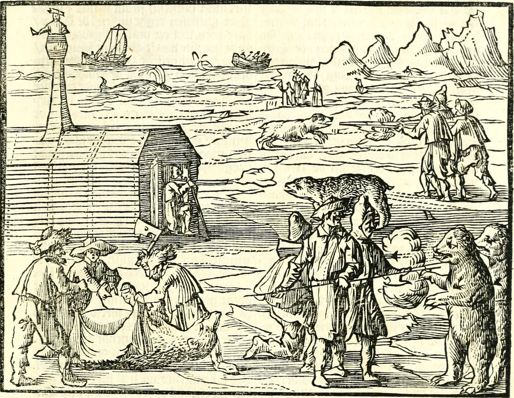 An illustration from Journael, of dagh-register, gehouden by de seven matroosen, in haer overwitneren op Spitsbergen in Maurits Bay : gelegen in Groenlandt, t' zedert het vertreck van de Visschery-Schepen der Geoctroyeerde Noordtsche Compagnie, in Nederlandt, zijnde den 30. Augusty, 1633 tot de wederkomst der vooriz. Schepen, den 27. May, anno 1634, 1663, leaf 38