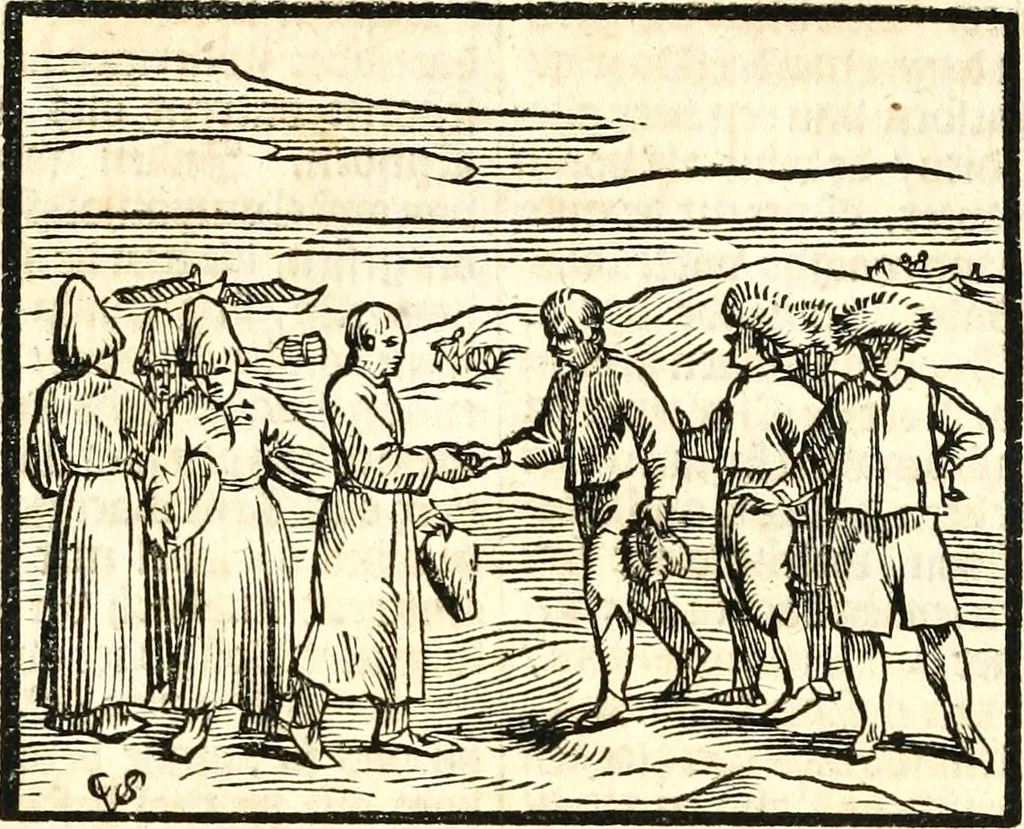 An illustration from Journael, of dagh-register, gehouden by de seven matroosen, in haer overwitneren op Spitsbergen in Maurits Bay : gelegen in Groenlandt, t' zedert het vertreck van de Visschery-Schepen der Geoctroyeerde Noordtsche Compagnie, in Nederlandt, zijnde den 30. Augusty, 1633 tot de wederkomst der vooriz. Schepen, den 27. May, anno 1634, 1663, leaf 53