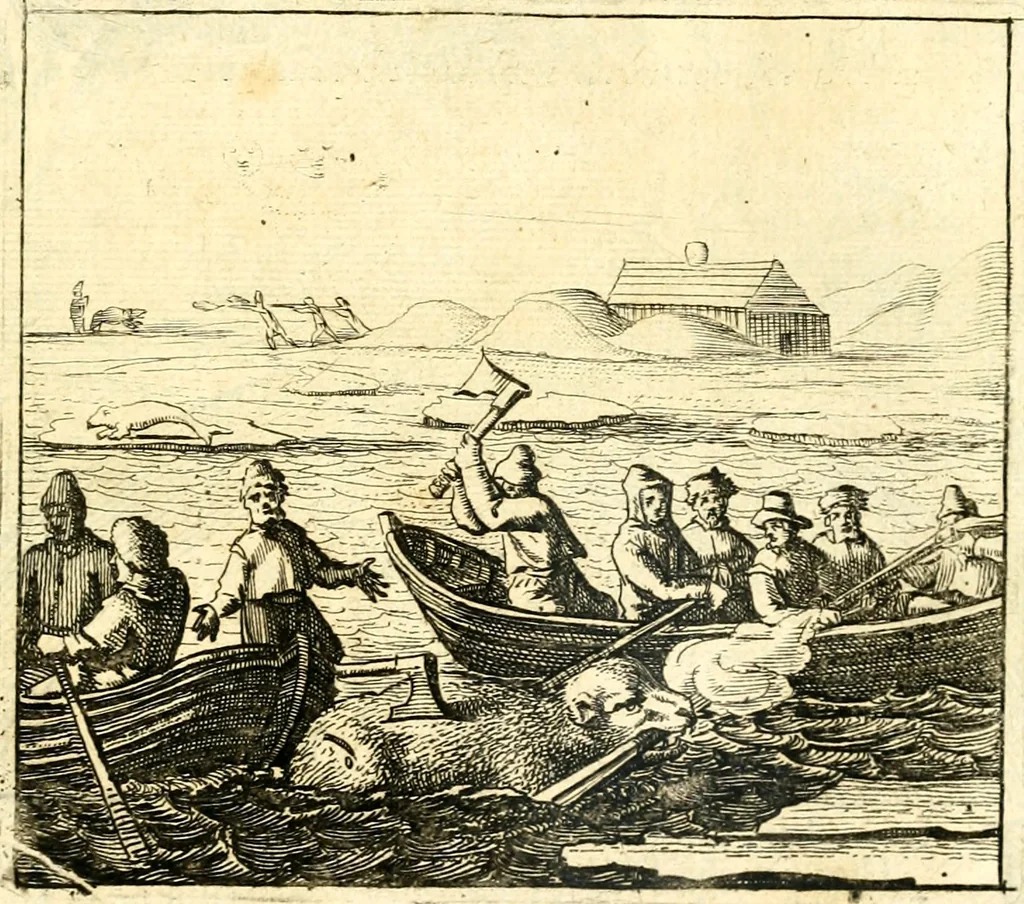 An illustration from Journael, of dagh-register, gehouden by de seven matroosen, in haer overwitneren op Spitsbergen in Maurits Bay : gelegen in Groenlandt, t' zedert het vertreck van de Visschery-Schepen der Geoctroyeerde Noordtsche Compagnie, in Nederlandt, zijnde den 30. Augusty, 1633 tot de wederkomst der vooriz. Schepen, den 27. May, anno 1634, 1663, leaf 8