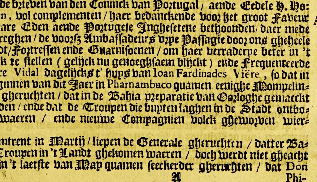 An illustration from Journael, ofte historiaelse beschrijvinge van Matheus vanden Broeck. : Van 't geen hy selfs ghesien ende waerachtigh gebeurtis, wegen 't begin ende revolte van de Portugese in Brasiel, als mede de conditie en het overgaen van de forten aldaer, 1651, leaf 17