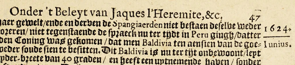 An illustration from Journael vande Nassausche vloot, : ofte beschrijvinghe van de voyagie om den gantschen aertkloot, gedaen met elf schepen: onder't beleyt van den Admirael Jaques L'Heremite, ende Vice-Admirael Geen Huygen Schapenham, inde jaren 1623. 1624. 1625. en 1626. : Noch is hier by gevoeght een beschrijvinge van de regeringhe van Peru, sijn grooten rijckdom ende vruchtbaerheydt., 1652, leaf 53