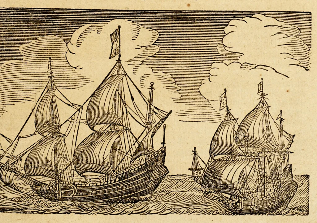An illustration from Journael vande Nassausche vloot, : ofte beschrijvinghe van de voyagie om den gantschen aertkloot, gedaen met elf schepen: onder't beleyt van den Admirael Jaques L'Heremite, ende Vice-Admirael Geen Huygen Schapenham, inde jaren 1623. 1624. 1625. en 1626. : Noch is hier by gevoeght een beschrijvinge van de regeringhe van Peru, sijn grooten rijckdom ende vruchtbaerheydt., 1652, leaf 7