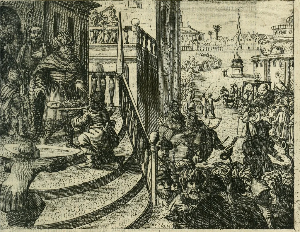 An illustration from Journael van de reysen ghedaen door den Ed. Heer en Ridder Sr. Thomas Roe, ambassadeur van sijn Conincklijcke Maejesteyt van Groot-Brittanje, afgevaerdicht naer Oostindien aen den Grooten Mogol, ende andere ghewesten in Indien .., 1656, leaf 62