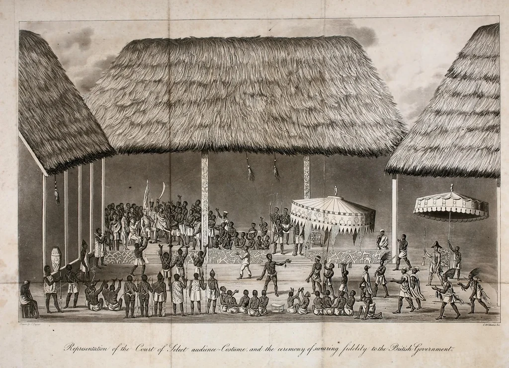 An illustration from Journal of a residence in Ashantee, comprising notes and researches relative to the Gold Coast, and the interior of Western Africa, chiefly collected from Arabic mss. and information communicated by the Moslems of Guinea: to which is prefixed an account of the origin and causes of the present war. Illustrated with a map and plates, 1824, leaf 10
