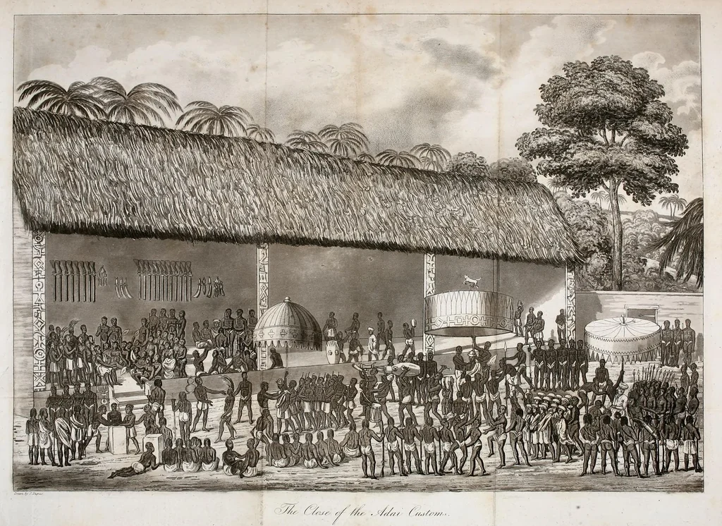 An illustration from Journal of a residence in Ashantee, comprising notes and researches relative to the Gold Coast, and the interior of Western Africa, chiefly collected from Arabic mss. and information communicated by the Moslems of Guinea: to which is prefixed an account of the origin and causes of the present war. Illustrated with a map and plates, 1824, leaf 491