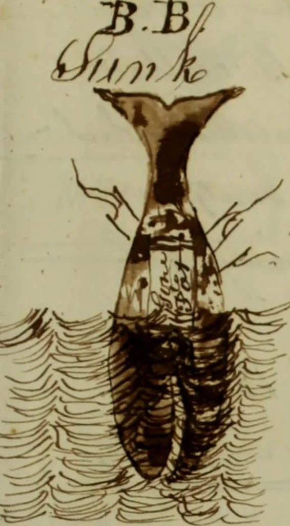 An illustration from [Journal of the Saratoga (Ship) of New Bedford, Mass. mastered by Frederick Slocum, kept by Washington Fosdick, on voyage from April 23, 1857 - December 12, 1858], 1857, leaf 28