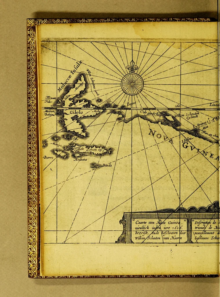 An illustration from Journal ou description du merveilleux voyage de Guillaume Schouten : Hollandois natif de Hoorn, fait es années 1615, 1616, & 1617, comme (en circum-navigeant le globe terrestre) il a descouvert vers le Zud du destroit de Magellan vn nouveau passage, jusques à la grande Mer de Zud. Ensemble, des avantures admirables qui luy sont advenues en descouvrant de plusieurs isles, & peuples estranges, 1619, leaf 16