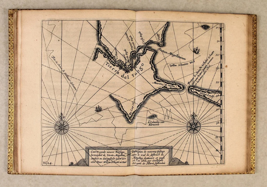 An illustration from Journal ou description du merveilleux voyage de Guillaume Schouten : Hollandois natif de Hoorn, fait es années 1615, 1616, & 1617, comme (en circum-navigeant le globe terrestre) il a descouvert vers le Zud du destroit de Magellan vn nouveau passage, jusques à la grande Mer de Zud. Ensemble, des avantures admirables qui luy sont advenues en descouvrant de plusieurs isles, & peuples estranges, 1619, leaf 53