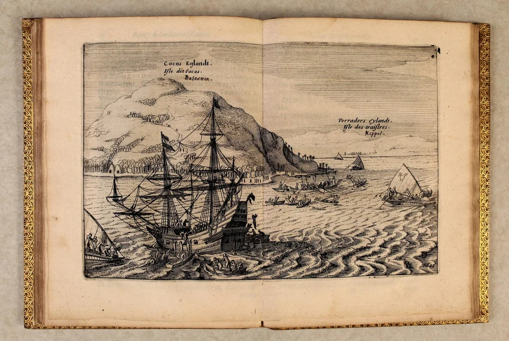 An illustration from Journal ou description du merveilleux voyage de Guillaume Schouten : Hollandois natif de Hoorn, fait es années 1615, 1616, & 1617, comme (en circum-navigeant le globe terrestre) il a descouvert vers le Zud du destroit de Magellan vn nouveau passage, jusques à la grande Mer de Zud. Ensemble, des avantures admirables qui luy sont advenues en descouvrant de plusieurs isles, & peuples estranges, 1619, leaf 77
