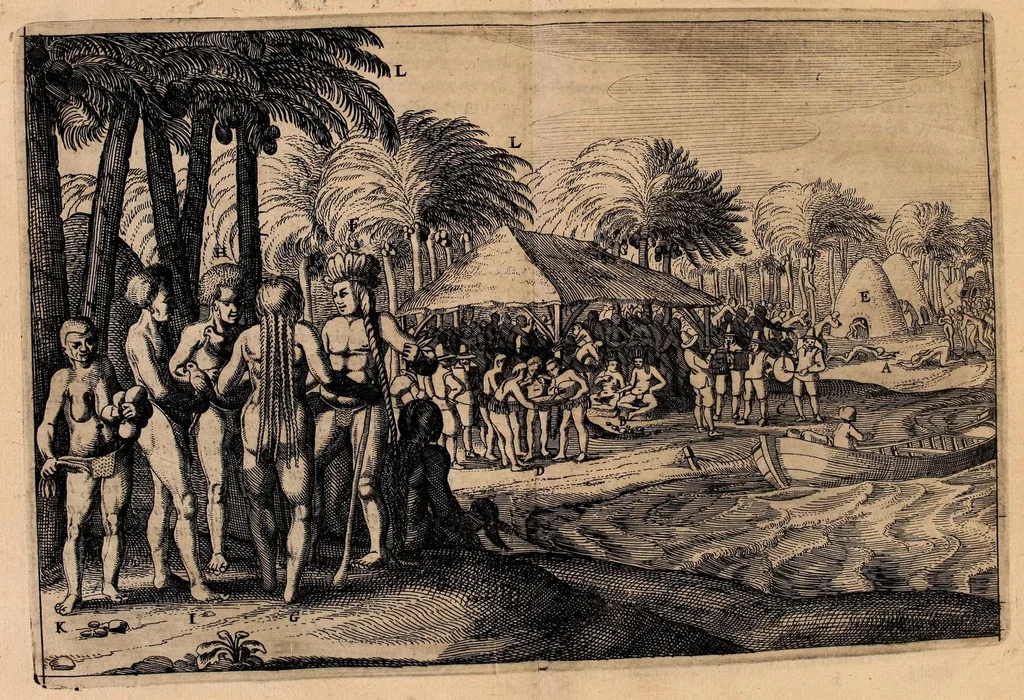 An illustration from Journal ou description du merveilleux voyage de Guillaume Schouten : Hollandois natif de Hoorn, fait es années 1615, 1616, & 1617, comme (en circum-navigeant le globe terrestre) il a descouvert vers le Zud du destroit de Magellan vn nouveau passage, jusques à la grande Mer de Zud. Ensemble, des avantures admirables qui luy sont advenues en descouvrant de plusieurs isles, & peuples estranges, 1619, leaf 94