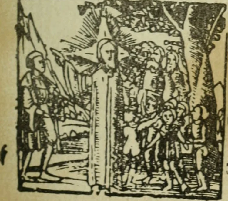 An illustration from Új testamentu maar ellven, mellet az görög és diák ellvbol ... fordijtant [Sylvester János.], 1541, leaf 138