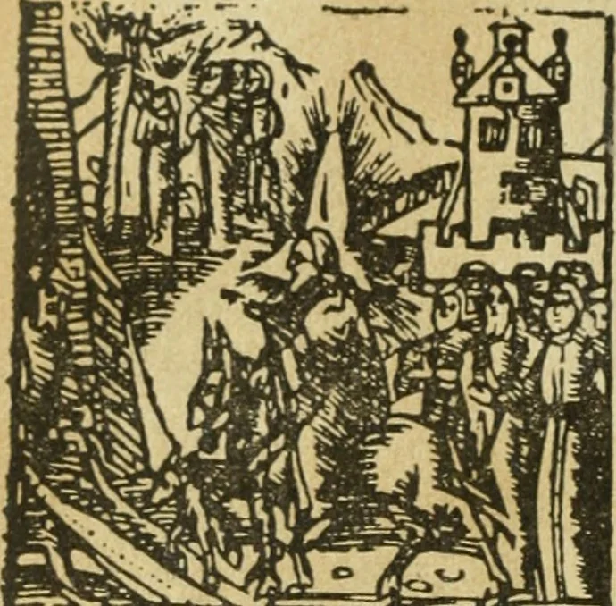 An illustration from Új testamentu maar ellven, mellet az görög és diák ellvbol ... fordijtant [Sylvester János.], 1541, leaf 143